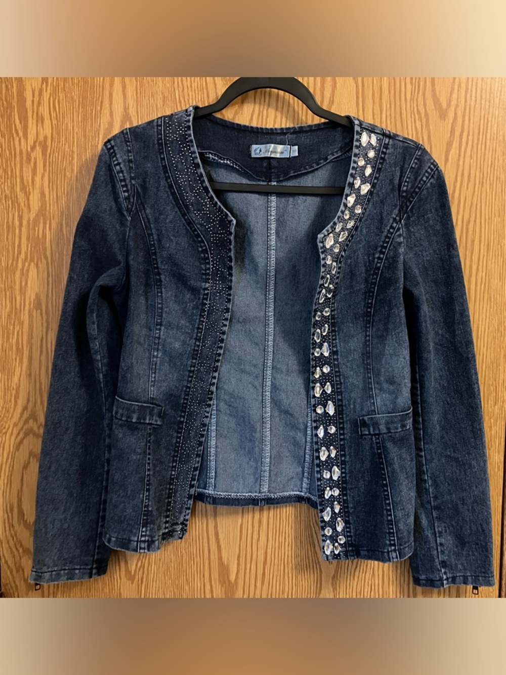 Embellished Dark Blue Open Front Denim Jacket Women’s Size‎ Small Mengnasau